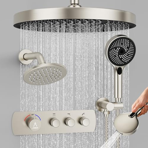 JQBQS Shower System Brass Thermostatic Shower Faucet Set With Valve and Diverter Shower Mixer with 2 Rain Shower Head and Multi-function Handheld Head（Brushed Nickel）