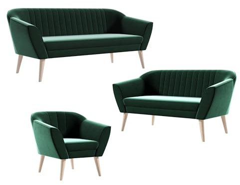 Sofello Skandinavische Couchgarnitur Kaya 3+2+1 für das Wohnzimmer Veloursstoff (Riviera 38 - grün)
