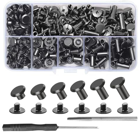 Lot de 110 vis à tête plate Chicago M5 pour cuir - Avec vis à douille, rivets creux pour cuir, ceintures, bagages, sacs