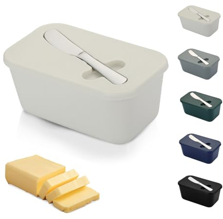 TRACOMPAN Beurrier avec couvercle et couteau – Beurrier en plastique incassable avec couteau à beurre, plateau léger pour un rangement sans odeur (passe au lave-vaisselle) (blanc, taille M)