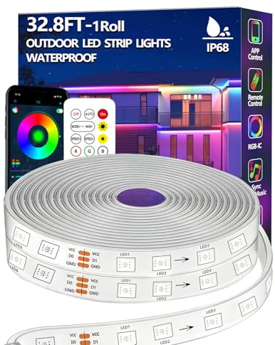 10m RGB+IC LED Streifen,Außenbereich IP68 Wasserdicht,Steuerung mit App/Fernbedienung,Bluetooth Musik Sync Seillicht für Balkone,errassen,Dächer,Gärten,Schwimmbäder