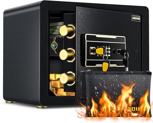 ADIMO Safe Box with Fireproof Waterproof Money Bag, Alloy Steel Home Safe with Digital Keypad, Dual Key Lock, Fireproof Money Bag & LED Light, 1.2 Cuft Personal Document Lock Box for Office Dorm Hotel