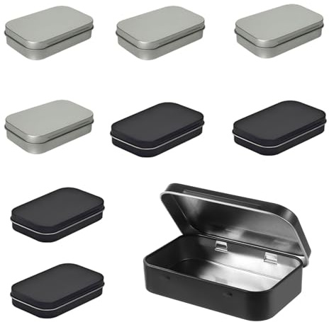 LIUQOBN 8pcs Metal Rectangular Empty Hinged Tins Tin Containers, Mini Portable Storage Box with Lid, Small Storage Container for Candy Key Earrings Food Storage, 3.7 x 2.3x 0.78 Inch Black+Silver