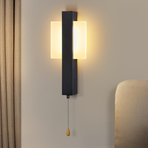 ZMH LED Wandleuchte Innen Wandlampe mit Schalter Schwarz 6W Flurlempe | Modern Design Wandlampen Mit Zugschalter 3000K Warmweiß Quadratisch Wandbeleuchtung Eisen & Acryl Schlafzimmerlampe für Flur
