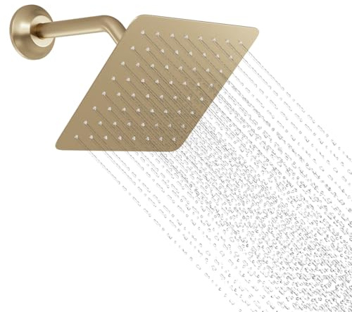 KAITAIHD Brushed Gold Shower Head 8 inch Ultra Thin Square Shower Head with Shower Arm, Wall Mount