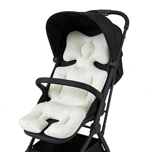 Universal Baby Pram Liner Reversible Stroller Seat Cushion Thicken Infant Pushchair Pad Winter Warm Buggy Carriage Seat Cover Head Body Support (Beige)