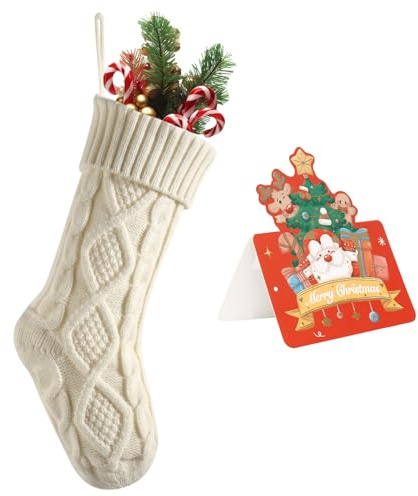 meioro Weihnachtsstrümpfe, 46cm Großes Kabel Gestrickte Weihnachtssocke, Farbe-Kontrast Weihnachten Strumpf Deko für Kamin Family Holiday Party Festival Dekorationen Grußkarte (Ganz Elfenbein, 1 Pcs)