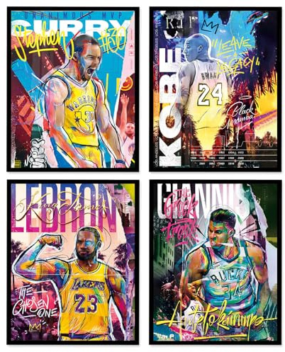 A ART·ZONE Gerahmte Wandkunst, Motiv: Basketball-Stern, 20,3 x 25,4 cm, 4 Stück, Basketball-Poster, schwarzer Rahmen, für Jungen-Schlafzimmer-Dekor