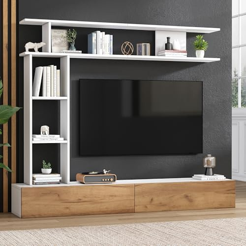 Merax TV Wohnwand-Set, Wohnzimmer Möbel Set mit TV Lowboard & Wandregal, TV-Schrank Hängend oder Stehend, Wohnzimmermöbel Komplett, Elegante Schrankwand, Mediawand, TV bis 80-Zoll, Weiß & Holzfarbe