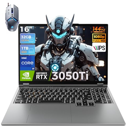 TOPGRO Portátil Gaming de 16 [Core i9-9880H/hasta 4,8 GHz GTX3050Ti/WiFi 6/Bluetooth 5.2] con ratón Gaming, 32 GB DDR4 Memoria/Alta disipación térmica/Windows 11 Pro/Portátil Full HD 144 Hz