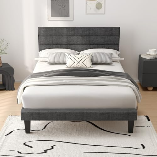 Bonnlo Single Bed Frame, Upholstered Platform Bed with Headboard & Under Bed Storage - Sturdy Wooden Slat Support - No Box Spring Needed, Linen-like Fabric, Light Grey, 90 x 190 cm