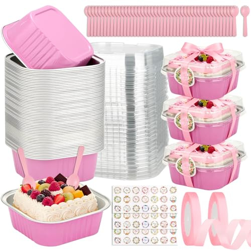 Tetutor 245 PCS 10 oz Mini Cake Pans with Lids, 60 Pack 4.4x4.4 Large Aluminium Foil Pan Mini Cake Tins with Lids and Spoons, Square Individual Baking Pan Cup for Wedding Birthday Party Picnics