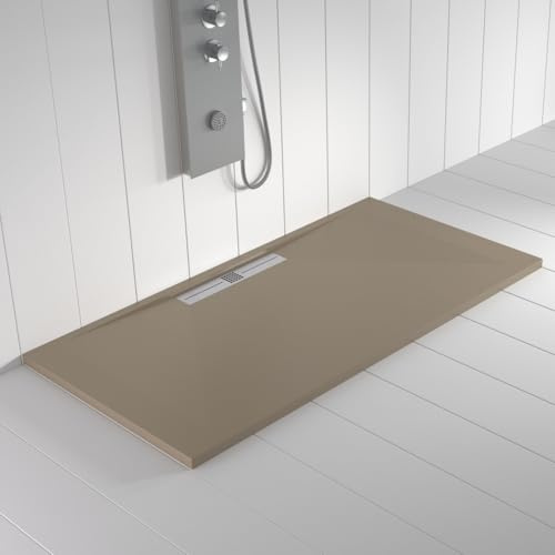 Plato de ducha resina WIDE desagüe lineal lateral color Moka 200x90 textura pizarra antideslizante rejilla inox con válvula