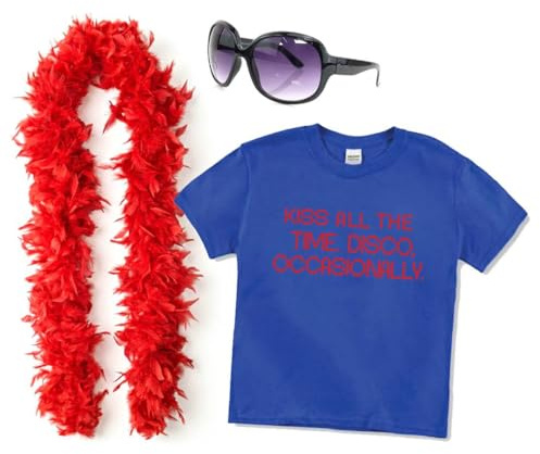 Ladies Kiss All The Time Disco Occasionally Costume Set - Royal Blue T-Shirt with Red Text Print, Red Feather Boa, Blue Sunglasses - Adults Womens Music Concert Tour Together Fancy Dress Costume