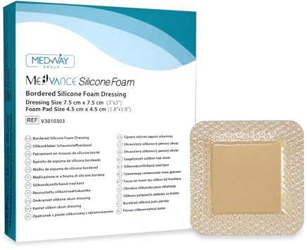 MedVanceTM Silikon – Selbsthaftender Schaumstoffverband aus Silikon mit Rand, Größe 7.5 cm x 7.5. cm (4.5 cm x 4.5 cm Pad), Schachtel mit 5 Verbänden