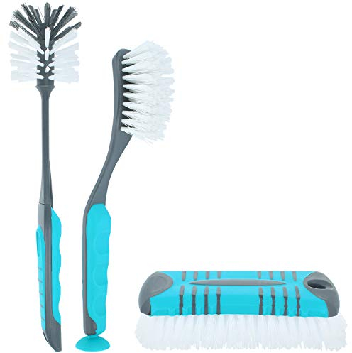 com-four® 3-part dishwashing brushes and scrub brushes Set - Dish brush with suction cup - Round scrub brush for dishes - Long scrub brush for floor and walls