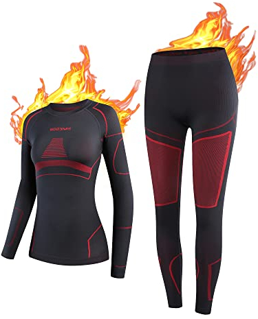 NOOYME Damen-Thermounterwäsche, Basisschichtunterhose für kaltes Wetter, Langarm, Schwarzrot, Large
