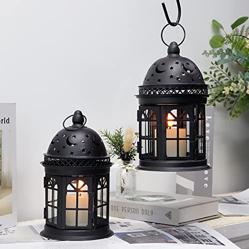 JHY DESIGN Set of 2 Decorative Candle Lanterns 21.5 cm High Vintage Hanging Candlestick Metal Candelabra Tealight Holder for Indoor Outdoor Events Parities Table Weddings Pathway Jungle Tree (Black)