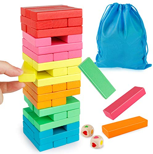 Coogam Holzblöcke Stapelspiel mit Aufbewahrungstasche, Bunte Toppling Tower Bausteine ​​Rätse Lernen pädagogische Montessori Spielzeug Geschenke