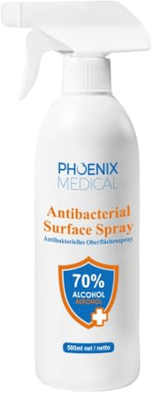 Phoenix Medical 70% Alcohol Surface Spray (500ml) Kills 99.99% of bacteria & Viruses | Certified BS EN 13697: 2015