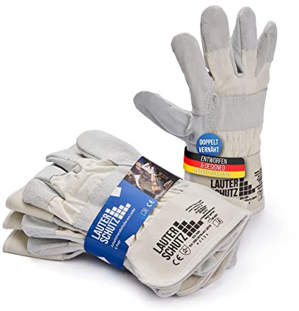 LAUTER SCHUTZ® Gants de travail robustes en cuir - Double couture & empiècements en coton [hommes & femmes] - Pour la forêt, le jardin, chantier, mécanique - (TAILLE UNIQUE, PACK DE 6)