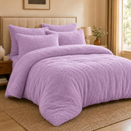 EXQUIZIT HOME® Teddy Fleece Duvet Cover Set – Super Soft Teddy Bear Fleece Bedding Set with Pillowcases – Warm Cosy Winter Fleece Quilt Cover (Lilac King 230cm x 220cm Approximate)