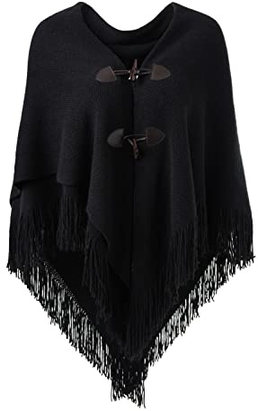 Ferand Poncho de Frente Abierto para Mujer, Chal Holgado con Flecos para Otoño Invierno - Talla única - Negro