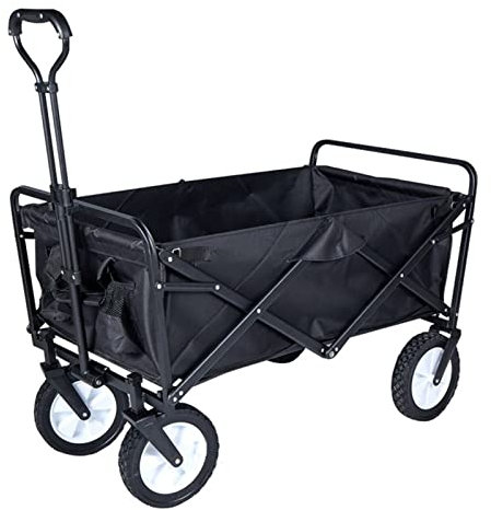 Bollerwagen Faltbar, Klappbar Handwagen Transportkarre Mit 4 Rollen, Gartenwagen, Transportkarre, Getränkehalter Mit Seitentasche, Maximale Belastung 80Kg, Outdoor, Camping, Einkaufen,Schwarz