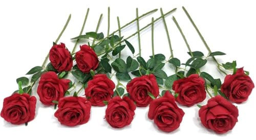Laelfe 12 Pcs Large Red Roses Artificial Flowers for Valentine's Day, 53 cm Single Long Stem Faux Silk Red Roses Fake Rose for Wedding Bridal Bouquet Party Decoration Home Living Room