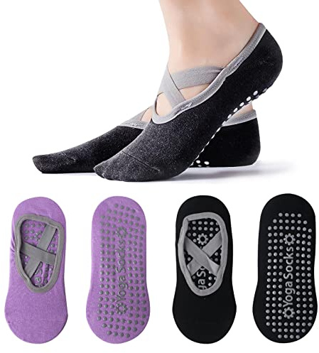 AYNKH 2 Paar rutschfeste Yoga-Socken mit Sturzprävention Griffe Baumwolle Pilates-Socken für Frauen für Ballett Pilates Tanz Workout mit Kissen