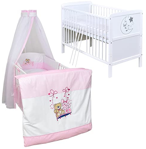 Generisch Baby Delux Babybett Komplett Set Kinderbett umbaubar zum Juniorbett weiß 140x70 Felix Bettwäsche mehrteilig (Schaukelfreunde)