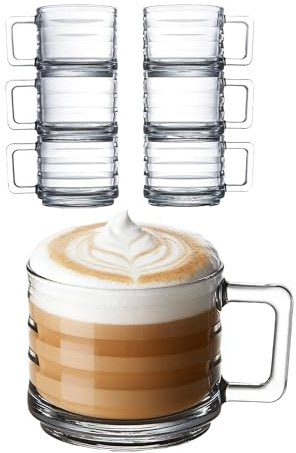 Stapelbares Latte Macchiato Gläser 6er Set, Cappuccino Tassen, Türkische Teegläser mit henkel, Kaffeegläser, Glühweingläser, Vollständig Gehärtete Kaffeetasse (250 cc/8,5 oz)