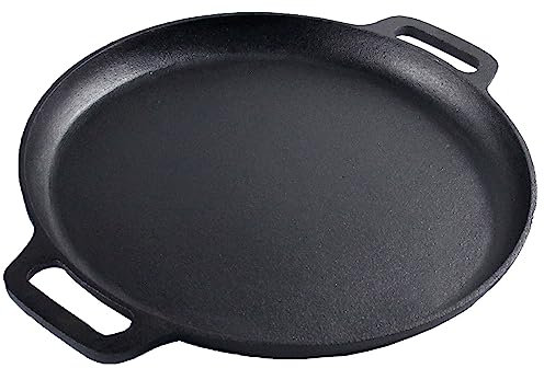 Opexscal Cast Iron Pizza Pan, Double Loop Handled Cast Iron Stovetop Grill Round Baking Pan, Even-Heating and Versatile Kitchen Cookware