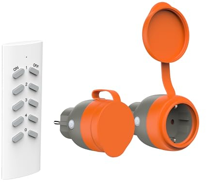UCOMEN Set di 2 prese radio con telecomando per esterni, presa radio per esterni, programmabile, per cortile o giardino, 16 A/3680 W,