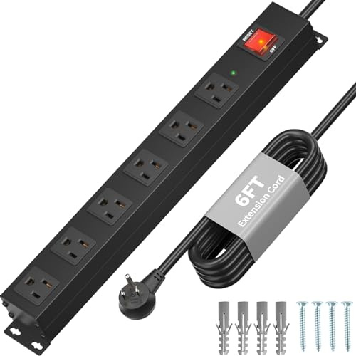KF Matel 6 Outlet Power Strip Surge Protection 2100J,Heavy Duty Wide Space Power Strip with Flat Plug/Upgraded Switch,15A/1875W/14AWG 6FT Extension Cord in Home,Garage,Shop