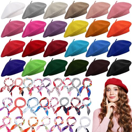 Shinymoon 48 Pcs Women Wool Beret Hat with Silky Scarf French Beret Bulk for Women Girls Winter(Multiple Color,Classic Style)