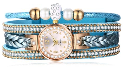 JewelryWe Armbanduhr Damen Böhmisch Retro Strass Glitzer Analog Quarz Beiläufige Uhr Damenuhr mit Geflochten Leder Armband Wickelarmband und Kleeblatt Schlüssel Anhänger