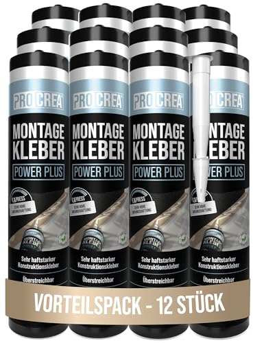 PROCREA® 12x Montagekleber Power Plus [Kleben statt Bohren] Haftstarker Baukleber auf Basis von Acrylatdispersion - Extra starker Sofortkleber für Sockel, Stuck, Styropor, Holz - Made In Germany