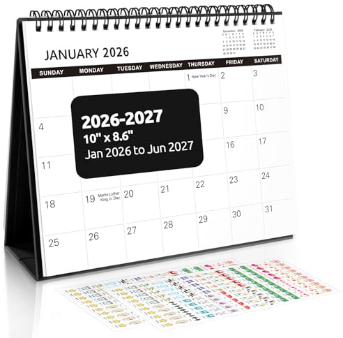 SKYDUE Desk Calendar 2026, 18 Months Small Desk Calendar 2026-2027, Jan 2026 to Jun 2027, 10 x 8 Desktop Calendar Planner with Stickers, Black