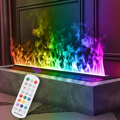 Mexhom Chimenea eléctrica de Vapor de Agua de 20 Pulgadas, Panel de Metal de Acero Inoxidable, Chimenea eléctrica empotrada, Llama de simulación táctil 3D, bajo Ruido, Chimenea Falsa Negra…