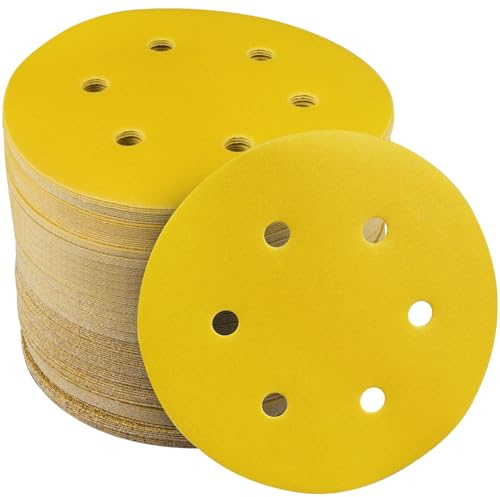 STEBRUAM 60 Stück Schleifpapier 150mm Klett für Exzenterschleifer | Profi Schleifpad Körnung 60 80 120 180 240 400,6 Loch Rund schleifscheiben Set,für Holz Metall und Farbe Gelb