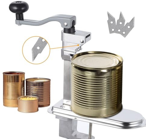 Abrelatas de encimera comercial resistente, abrelatas manual de mesa, con hoja de acero inoxidable y base de acero chapado, 3 cuchillas de repuesto, abrelatas para latas de hasta 12 pulgadas, acero