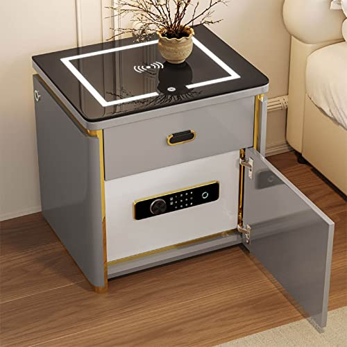 Bedside Table with Safe and Wireless Charging, LED Light, 3-Color Light, USB Port - Grey, Smart Nightstand for Bedroom/Living Room