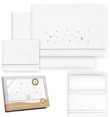 Interbaby - Juego Sabanas Minicuna 50x80 Algodón 100% | Sabana Cuna Bebe Franela, Cálida | Incluye Sabana Bajera, Encimera y Funda de Almohada | Ideal Invierno | Estrellas Luna Blanco/Beige