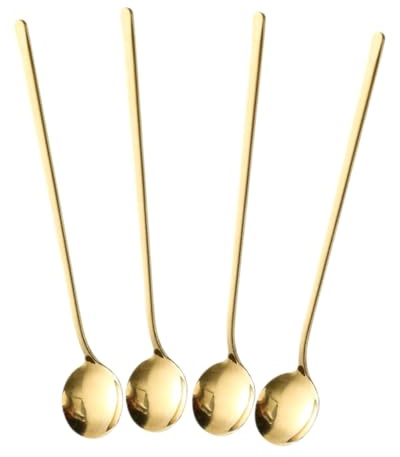 Amosfun Cuillères à Glace Et Dessert En Acier Inoxydable Doré, Long Manche, Lot De 4 Pièces, Cuillères à Miel Multifonction, Adaptées Aux Boissons Froides, Desserts Et Café