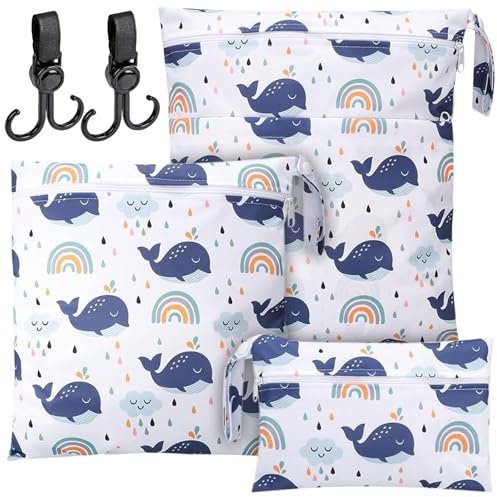 KASURE 3 Packungen Feuchttasche mit 2 schwarzen Kinderwagenhaken, waschbare Nass-Trockenbeutel, Baby-Windeltasche, Outdoor-Organizer-Tasche für Reisen, Schwimmen, Ausflüge und Ausflüge, die größte