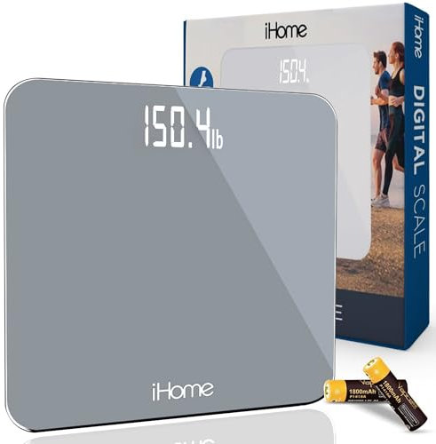 iHome Digital Scale Step-On Bathroom Scale - iHome High Precision Body Weight Scale - 400 lbs, Battery Powered with LED Display - Batteries Included -Great for Home Gym (Grey)