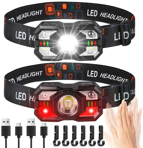 Adiwo Lampe Frontale LED, 2PCS Torche Frontale LED, IPX5 Étanche Lampe Frontale Rechargeable, 5 Modes d'éclairage,Capteur Mouvement,Portable Lampe Frontale Rechargeable pour Camping,Urgence,Cyclisme.