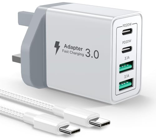 USB C Plug Fast Charge, 40W 4-Port PD Charger Plug Fast Charging UK with 6FT/2M USBC to USBC Cable Type C Charging Plug for iPhone 16/15/14/13/12/11, iPad, Samsung, iPhone Fast Charger Wall Adapter