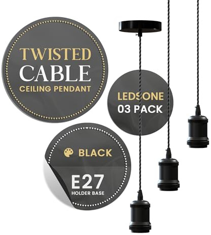 3 Pack Vintage Industrial Pendant Light E27 Ceiling Light Fitting | Twisted Fabric Cable Hanging Lamp Kit with Ceiling Rose for Kitchen Island, Bar, Restaurant & Dining Room